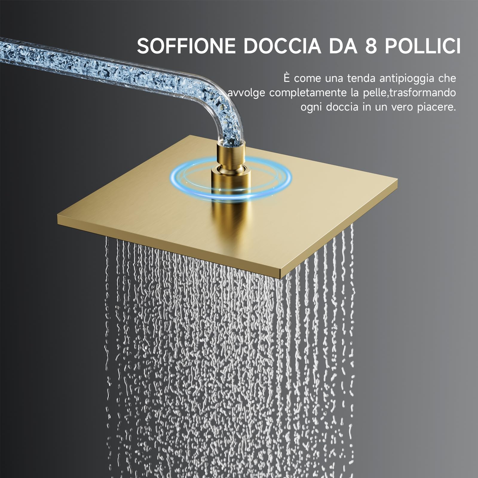Soffione Doccia a pioggia,Oro quadrato soffione doccia a pioggia,8 pollici,Doccia in Acciaio Inossidabile con ugelli anticalcare,Testa Doccia Regolabile 360°,Può essere installato parete o soffitto