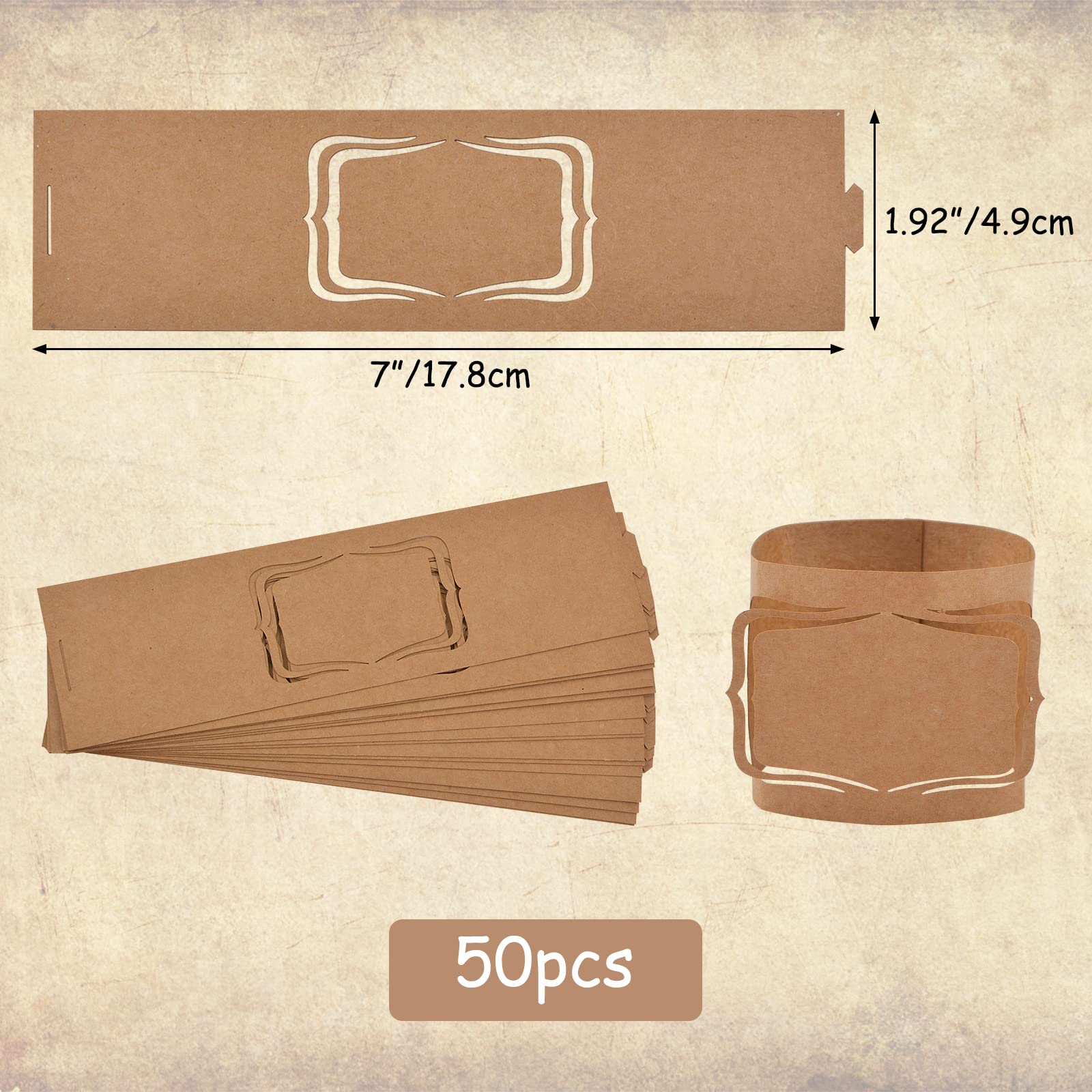 URROMA Kraft Paper Napkin Holder Rings, 50 Pcs Name Paper Napkin Rings Buckles Holder for Wedding Dinner Party Celebration Table Centerpieces Decor