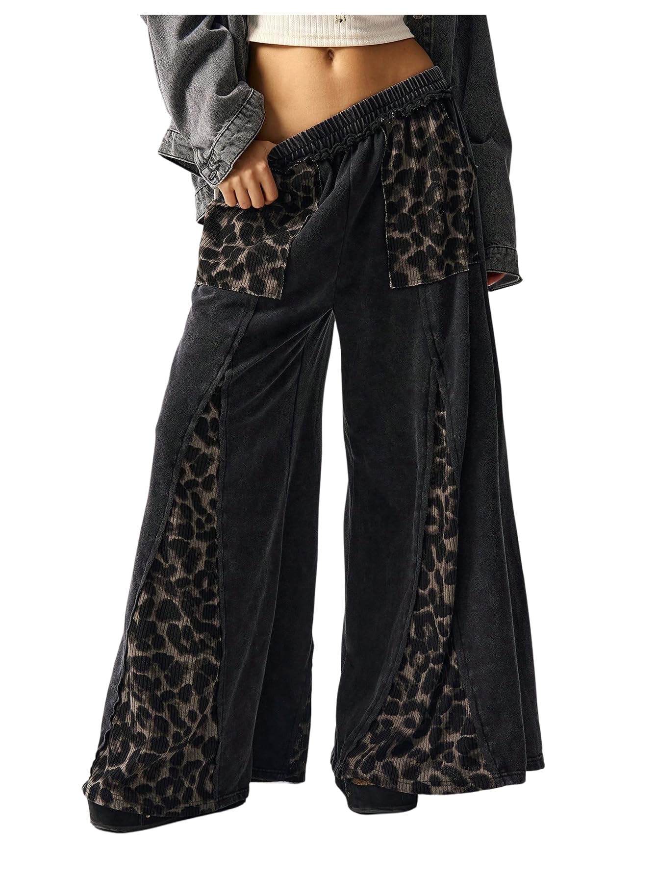 Womens Leopard Pactwork Pants Y2k Cheetah Elastic Waist Baggy Pants Wide Leg Knitted Long Trousers with Pocket