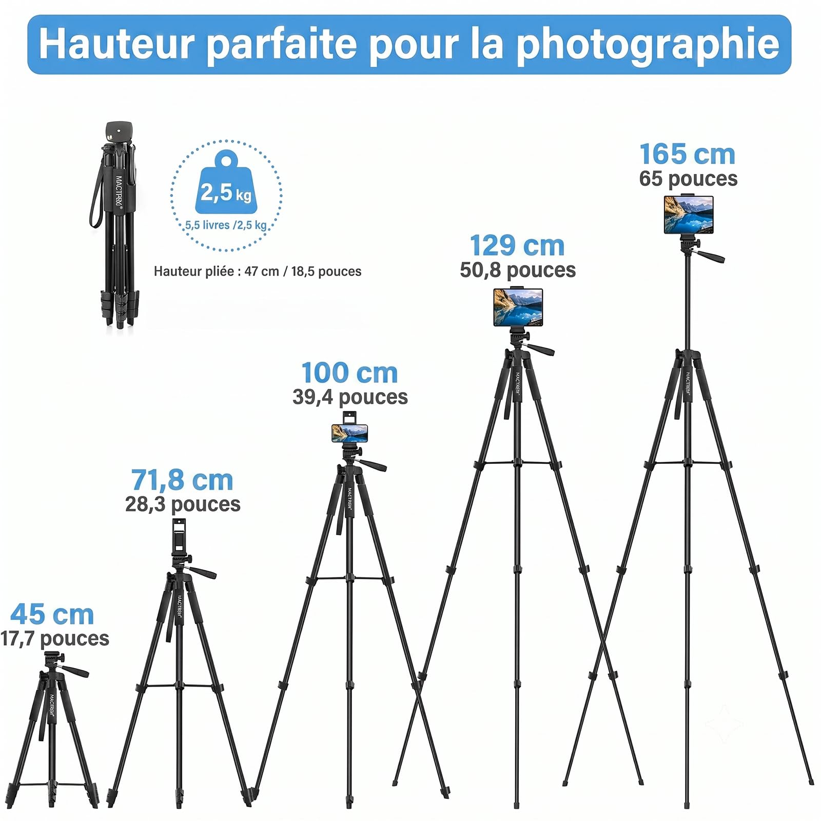 MACTREM 165 cm Trepied Smartphone Alliage Aluminium Léger, Trepied Appareil Photo avec Télécommande sans Fil, Trepied iPhone Sac Transport Inclus, Idéal pour Voyage, Youtube, Selfie, TikTok