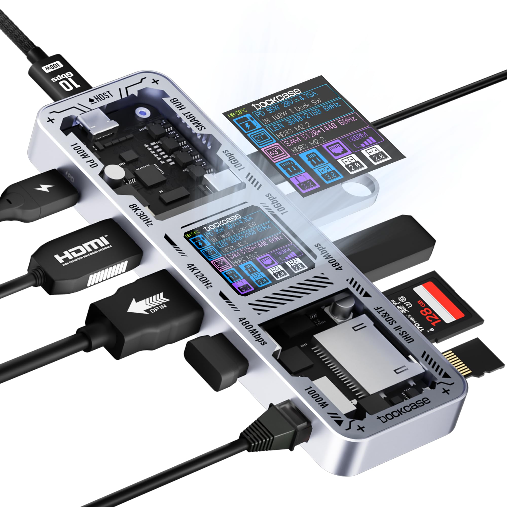 DOCKASE Smart USB-C Hub 10 en 1 Explorer Edition, Doble Pantalla 4K@60Hz, PD 100w, RJ45 Ethernet, 2 USB 3.2, 2 USB 2.0, Lector de Tarjetas UHS-II SD/TF, Dock USB C (Plata Brillante)