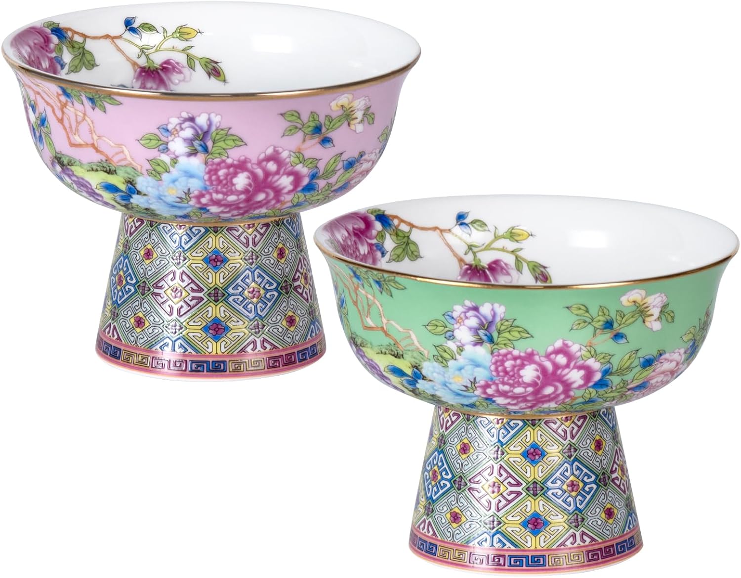 KAMMAK Ice Cream Dessert Bowl/Cup Bone China Ceramic Trifle Bowl Set of 2, Small Taster Bowls, Footed Dessert Cups, Pedestal Bowl for Desserts, Nuts, Fruit, Yogurt, Snack, Salad, Pudding(Green+Pink)