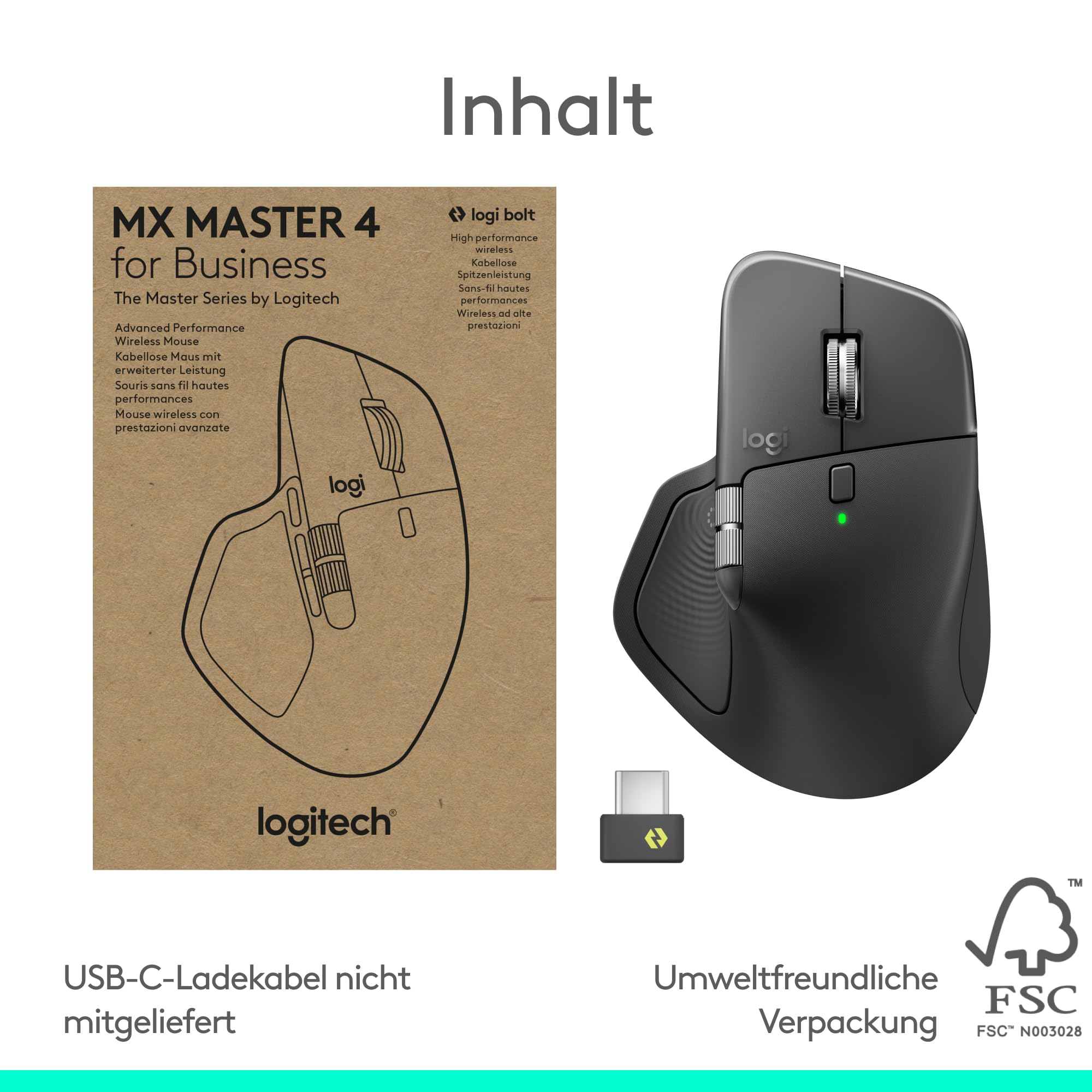 Logitech MX Master 4 for Business, kabellose Maus mit leisen Klicks, 8K DPI, MagSpeed-Scrollrad, Logi Bolt Empfänger, Bluetooth, Actions Ring, Haptik, Aufladen über USB-C – Grafit
