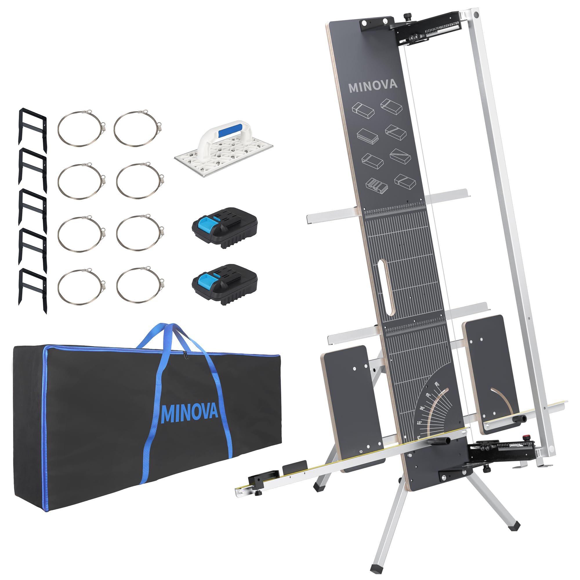 MINOVA MODELL7 PROFI Coupe-polystyrène professionnel 1300 mm Kit complet avec 8 fils de coupe, 5 grips en polystyrène, sac souple, support d'échafaudage, râpe abrasive + convertisseur de batterie