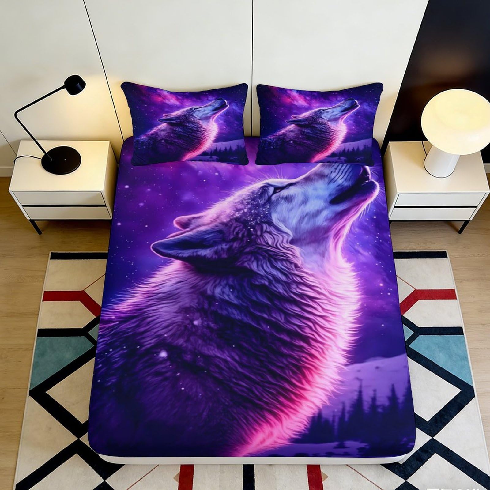 3D Printed Purple Wolf Galaxy Fitted Sheet Microfiber Non-Slip Mattress Cover for Bedroom Dorm Easy Care 160x200x25cm