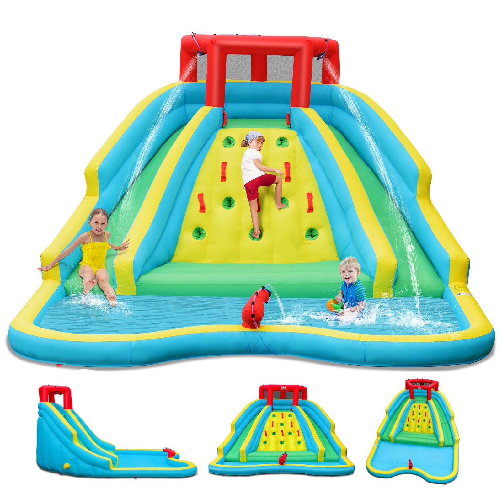 GOPLUS Castillo Hinchable para Niños, Hinchable Grande con Zona de Salto de Pared de Escalada y Tobogán para Fiesta del Agua de Verano, Adecuado de 3 a 10 Años, ‎452 x 366 x 229 cm