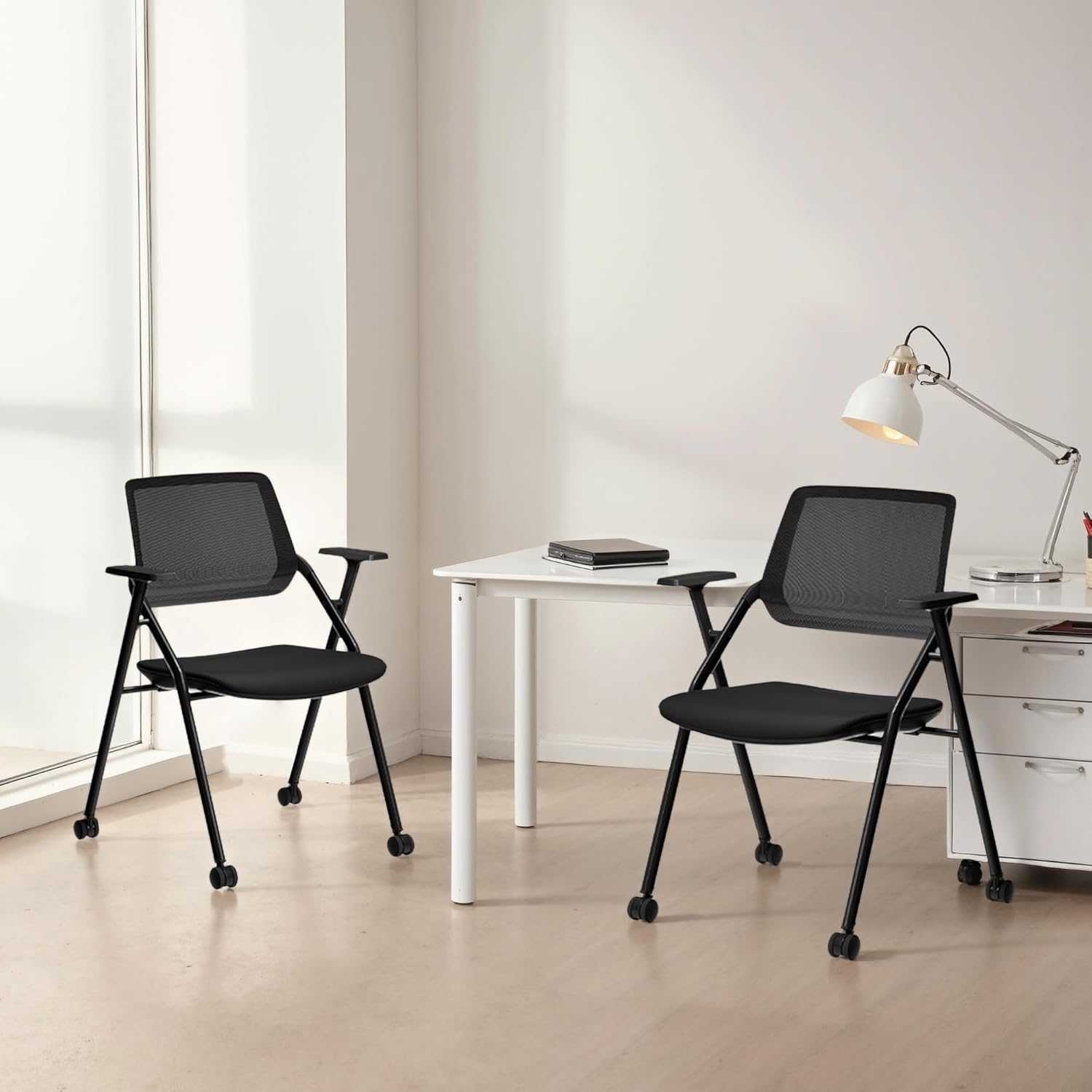 Okeysen 8 Pack Stackable & Foldable Conference Room Chairs, Mesh Guest Reception Chair with Arms, Office Chair with Ergonomic Bouncing Back for Meeting, Guest & Reception, Training & Waiting Room