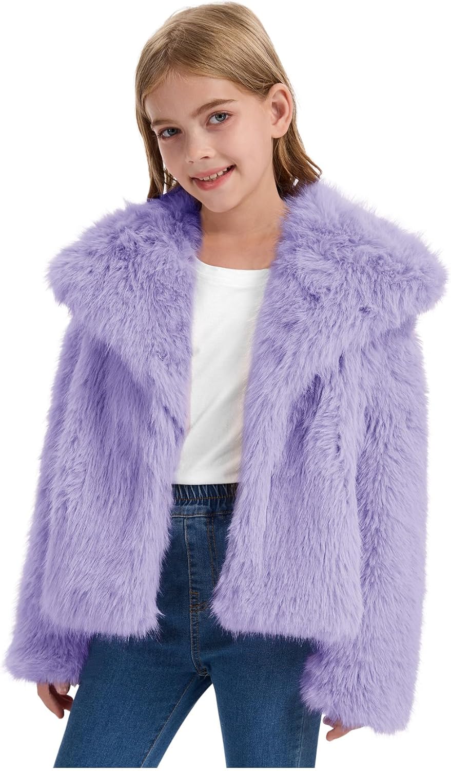 COZYPOIN Girls Faux Fur Coat Kids Fluffy Fur Jacket Cropped Long Sleeve Lapel Open Front Winter Fuzzy Outerwear Pockets 5-14Y