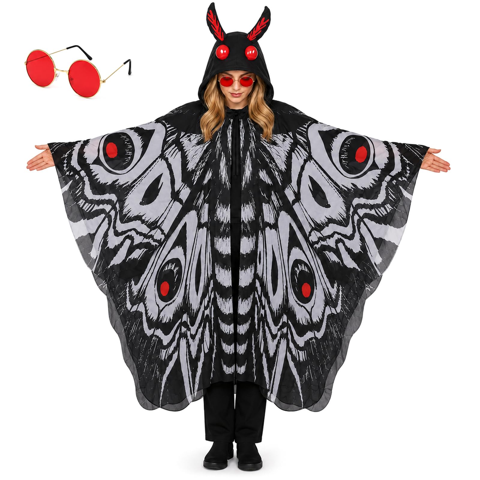 Maazusa Halloween Butterfly Costume Adult Moth Hooded Cape Outfit Moth Wing Hooded Cape Glasses Cosplay Butterfly Costume for Halloween Carnival Parties