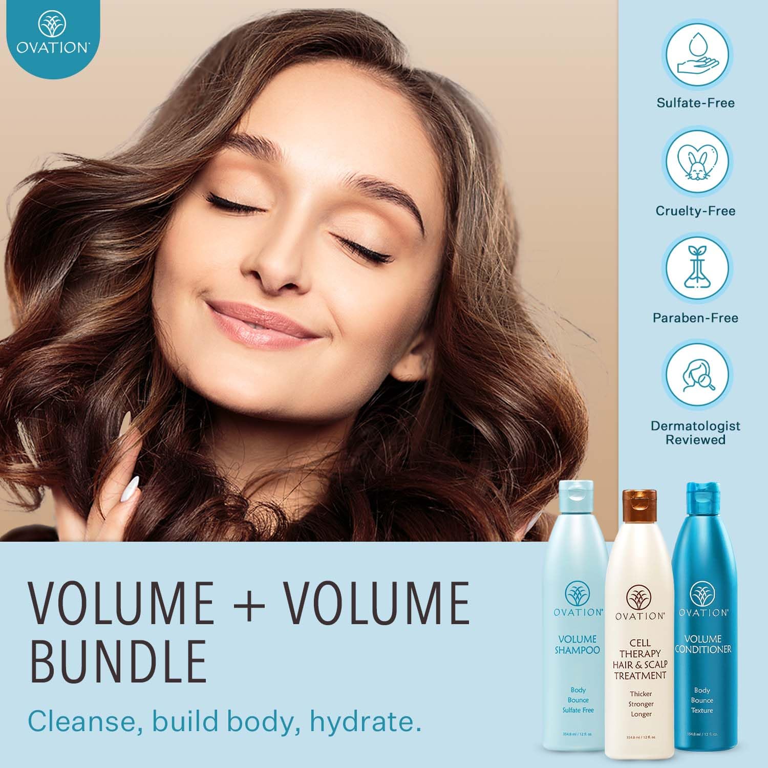 Ovation Hair Volumizing 3-Step Bundle for Fine Hair - with Volume Shampoo and Conditioner, Cell Therapy Hair Growth & Healthy Scalp Treatment - Add Weightless Volume, Bounce & Fullness - Image 2