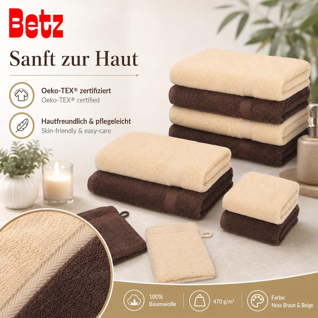 Betz Set di 10 asciugamani Premium 2 asciugamani da doccia 4 asciugamani 2 asciugamani per ospiti 2 guanti da bagno 100% cotone colore beige e marrone noce