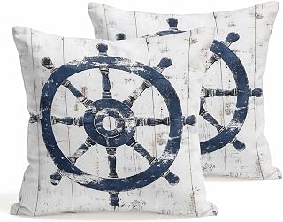 Nautical Rudder Pillow Covers Set of 2, Vintage White Wooden Broad Summer 16x16 Inch Decorative Throw Pillow Covers Soft Pillowcases with Zipper for Couch Sofa Bed Chair