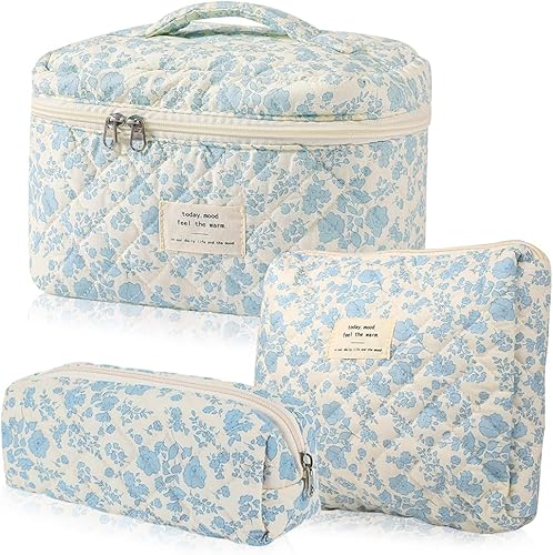 Everfunny Juego de 3 bolsas de maquillaje acolchadas de algodón, bolsa de cosméticos de algodón floral, bolsa organizadora de viaje para mujeres y