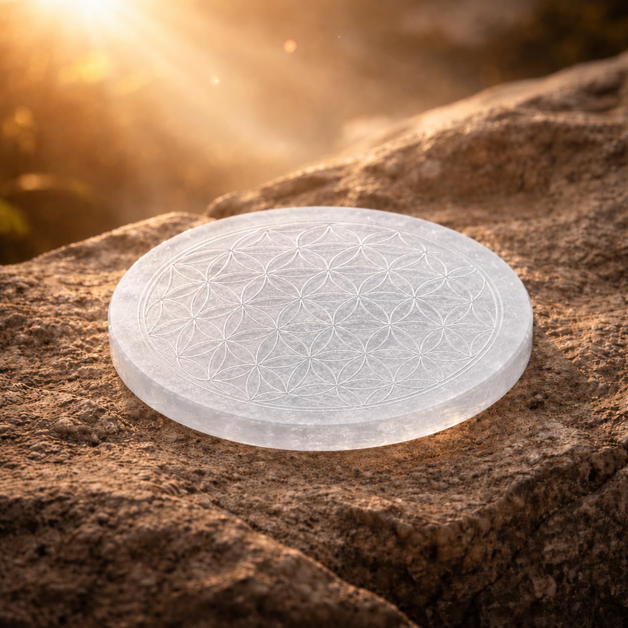 NKlaus Piastra Energetica Rotonda in Selenite Ø 14,5 cm – Incisa con Fiore della Vita per Ricaricare Cristalli, Pietre e Gioielli – Decorazione Spirituale per Chakra, Reiki e Meditazione