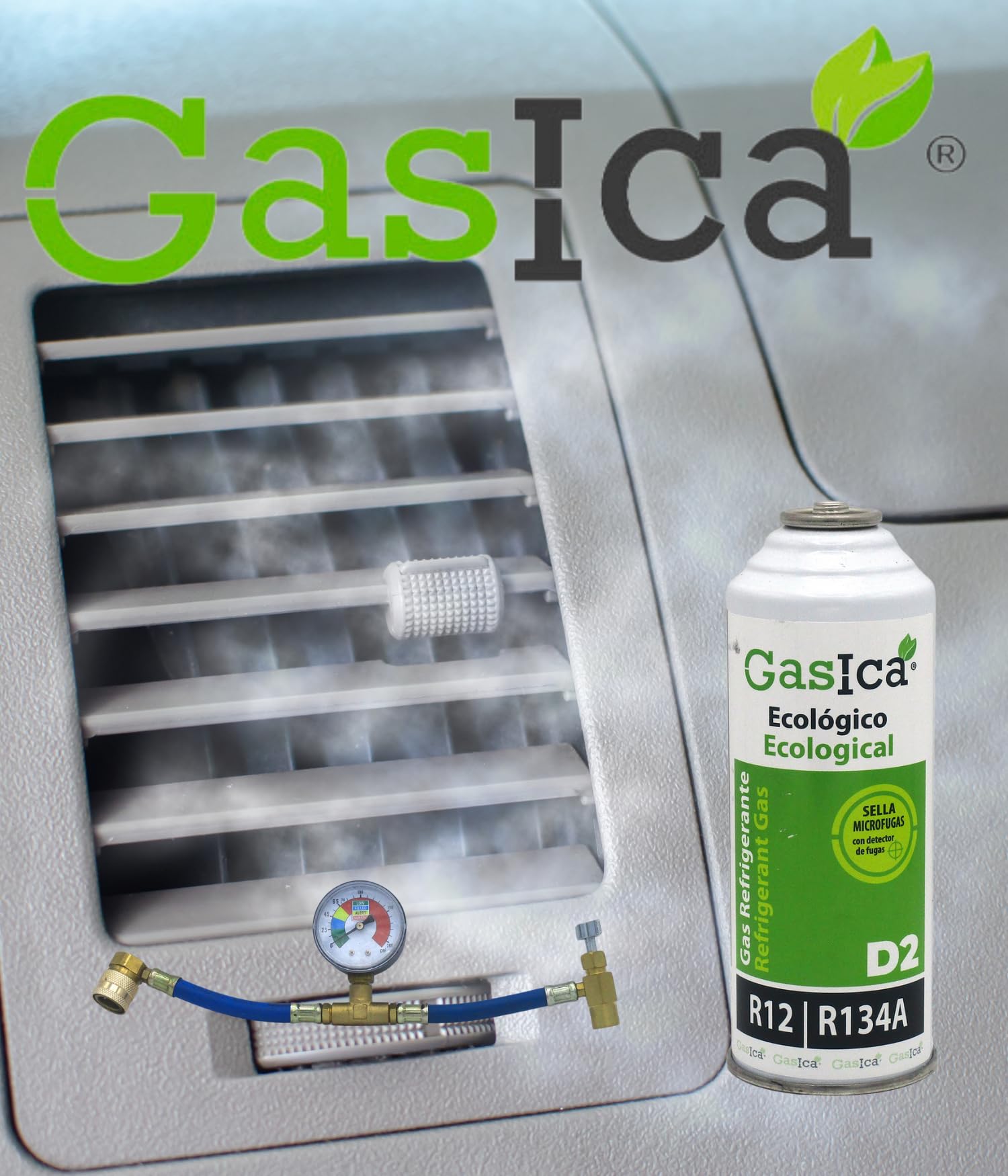 Pack Ahorro gásica, Gas Organico Ecologico Alternativo R134a y R12 Gasica, El Kid De Compone De Dos Unidades Mas Una Manguera De Carga con Manómetro, Uso Profesional