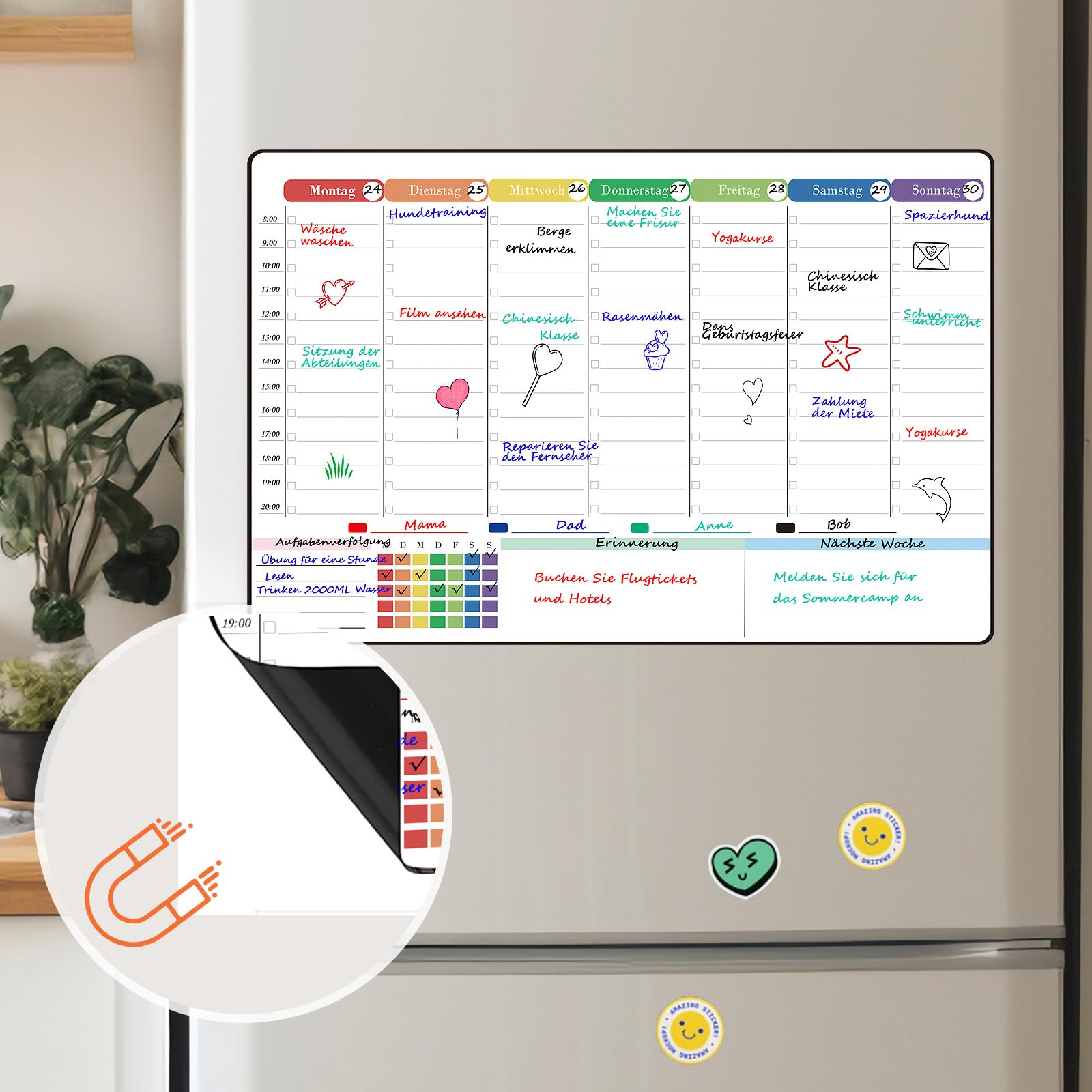 POPRUN Magnetisch Wochenplaner Whiteboard Abwischbar für Kühlschrank, Haushaltsplaner Familienplaner Stundenplan Perfect als Wochenplan Kinder,Essensplaner,Memoboard,Einkaufsliste, 42×28cm auf Deutsch