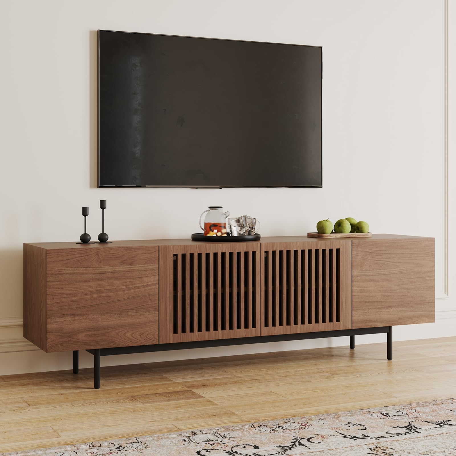 - POVISON Full Assembled Mid-Century Modern TV Stand with Slatted Doors, Wood Media Console for 65-75 Inch TV, TV Console with Tall-cast Metal Legs, Entertainment Center with Storage for Living Room