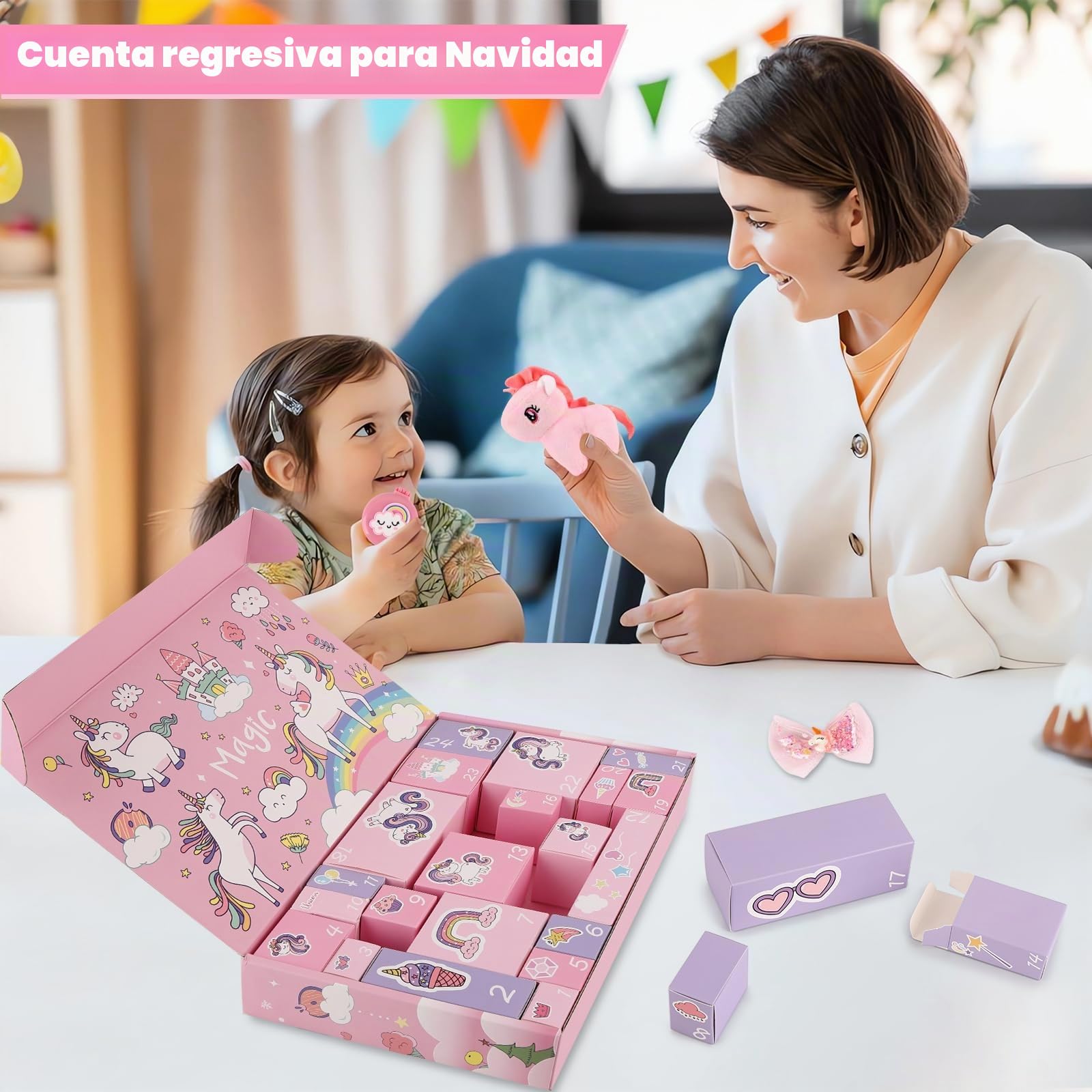Calendario Adviento Niña, Cuenta Atrás con 24 Días de Sorpresas, Regalos de Unicornio para Niñas Niños Incluye Juguetes y Accesorios para el Pelo