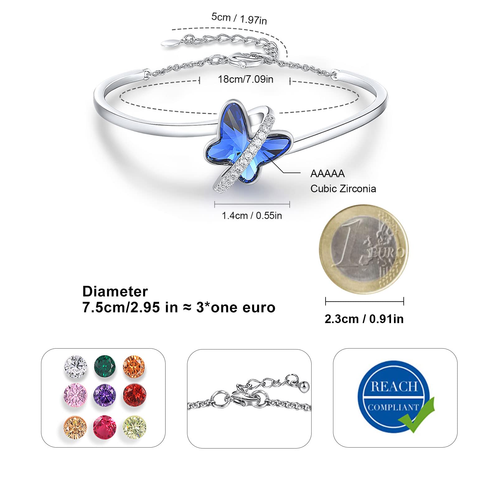 GEORGE · SMITH Bracciale in argento per donna, Bracciale regolabile Bracciale a farfalla in cristallo blu/viola - Regalo di Natale, anniversario, compleanno per donna con scatola