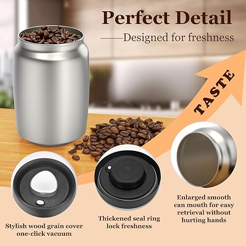 Miniatura 4 de HelpyLife Recipiente de café al vacío, recipientes herméticos de acero inoxidable con cuchara medidora y tapa hermética, para granos de café,