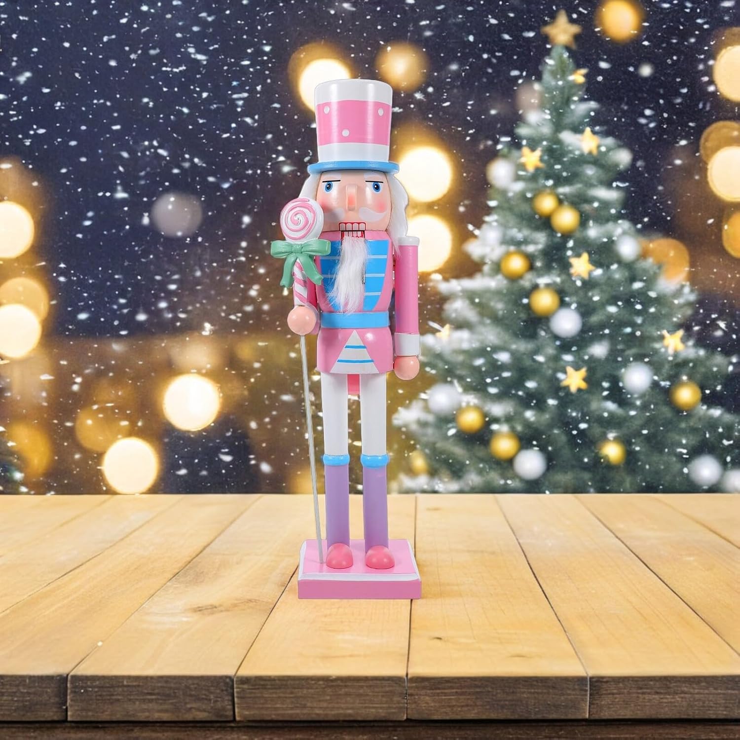 Christmas Nutcracker Soldier Figurine 38cm Wooden Pink Traditional Nutcracker Decoration for Holiday Home Party Table and Windowsill Display