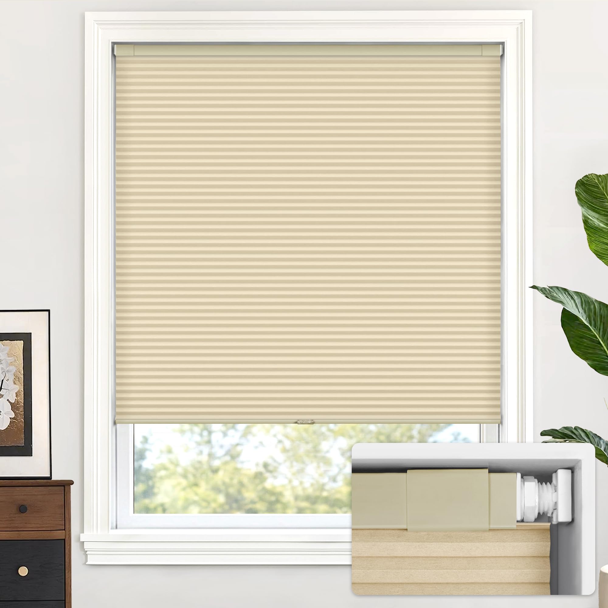 LazBlinds Cordless Cellular Shades No Tools No Drill Light Filtering Polyester Cellular Blinds for Window Size 24'' W x 48'' H, Soft Cream — image 1