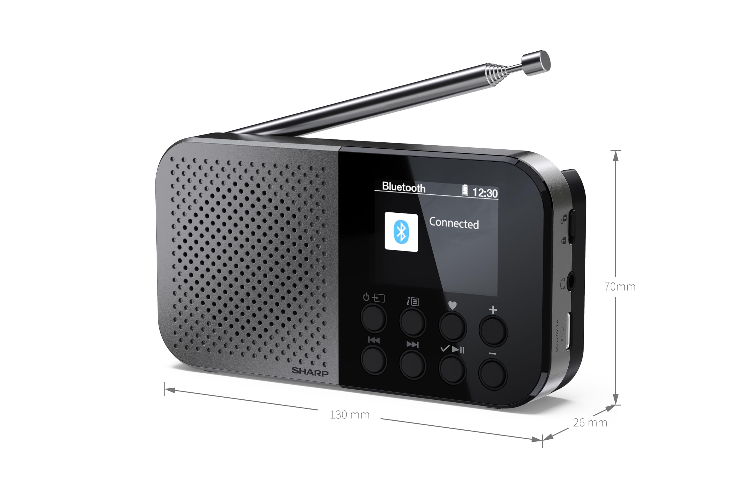 SHARP DR-P520(GY) Osaka Pocket przenośne radio cyfrowe z Bluetooth 5.3, odtwarzacz audio Mono DAB+/FM, kompaktowe i lekkie, zasilanie USB-C/bateryjne, podwójny budzik, burzowy szary