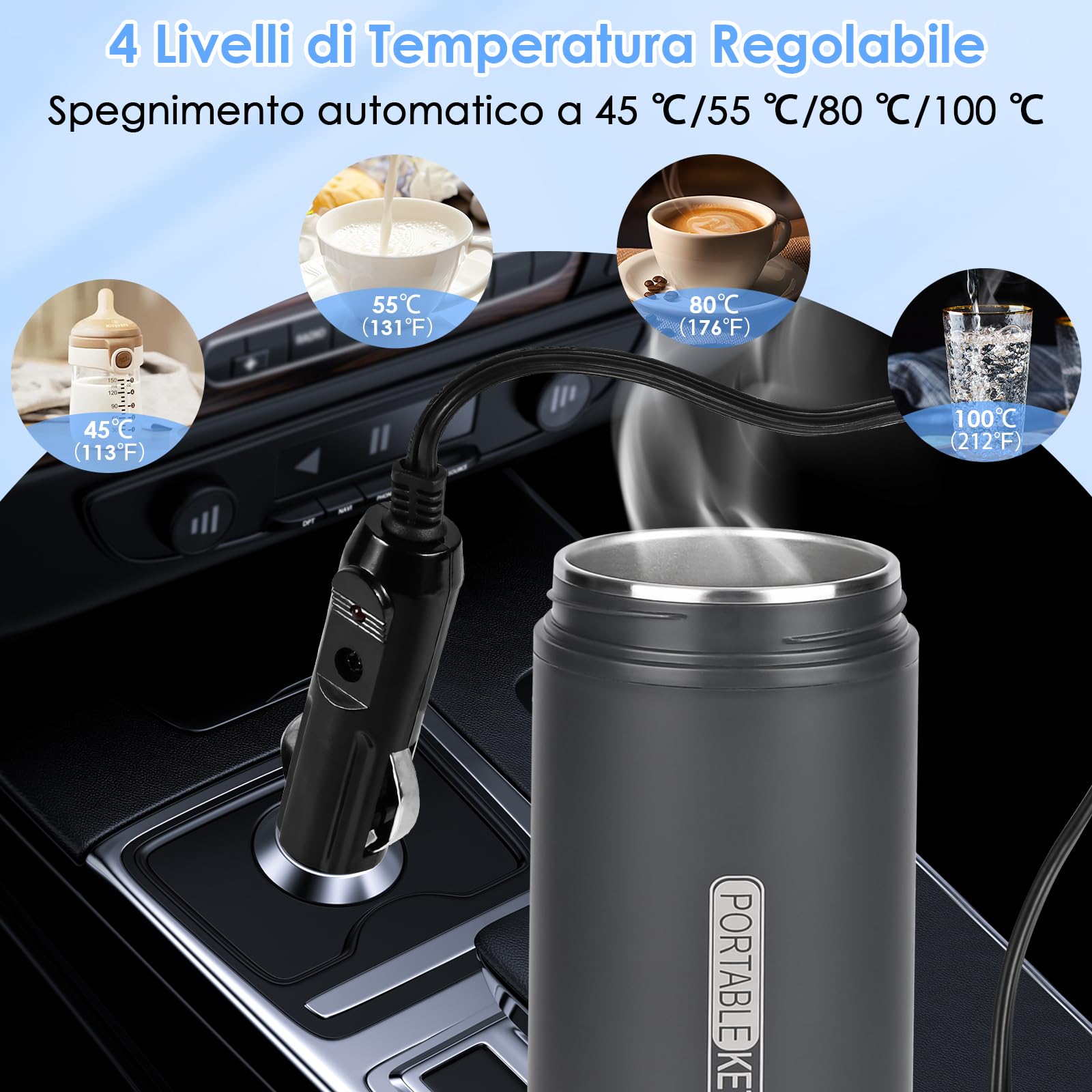 Dreamhigh® Bollitore Elettrico Piccolo, 450 ml Bollitore da Viaggio, 96W Bollitore Elettrico Portatile con Temperatura Regolabile per Tè Latte Caffè (45℃/ 55℃/ 80℃/ 100℃) (Auto (12V)) (Nero)