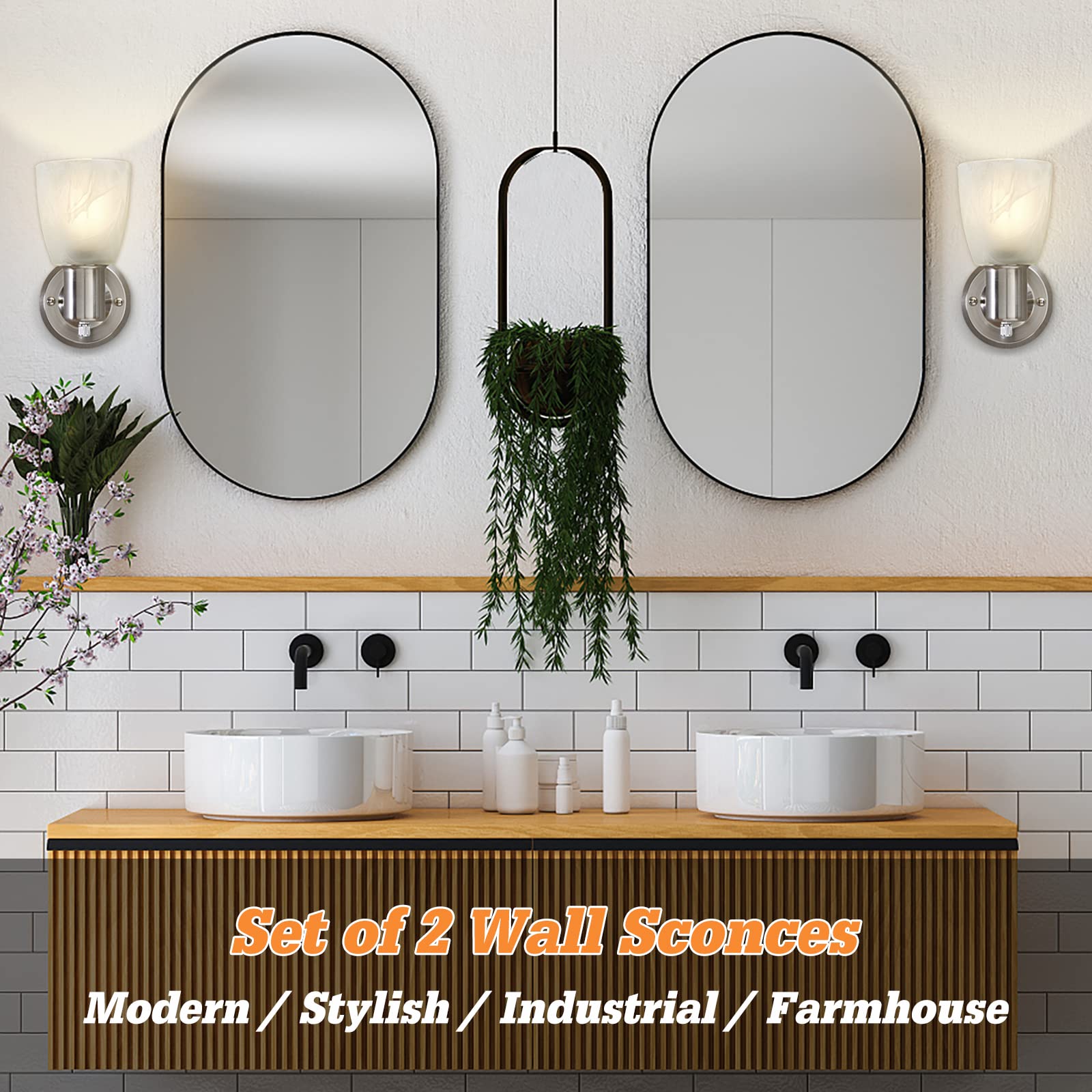 Juego de 2 apliques de pared, luces de tocador de níquel cepillado para baño, modernas lámparas de pared con interruptor giratorio, luz de montaje en pared con vidrio esmerilado, lámpara de pared de 4