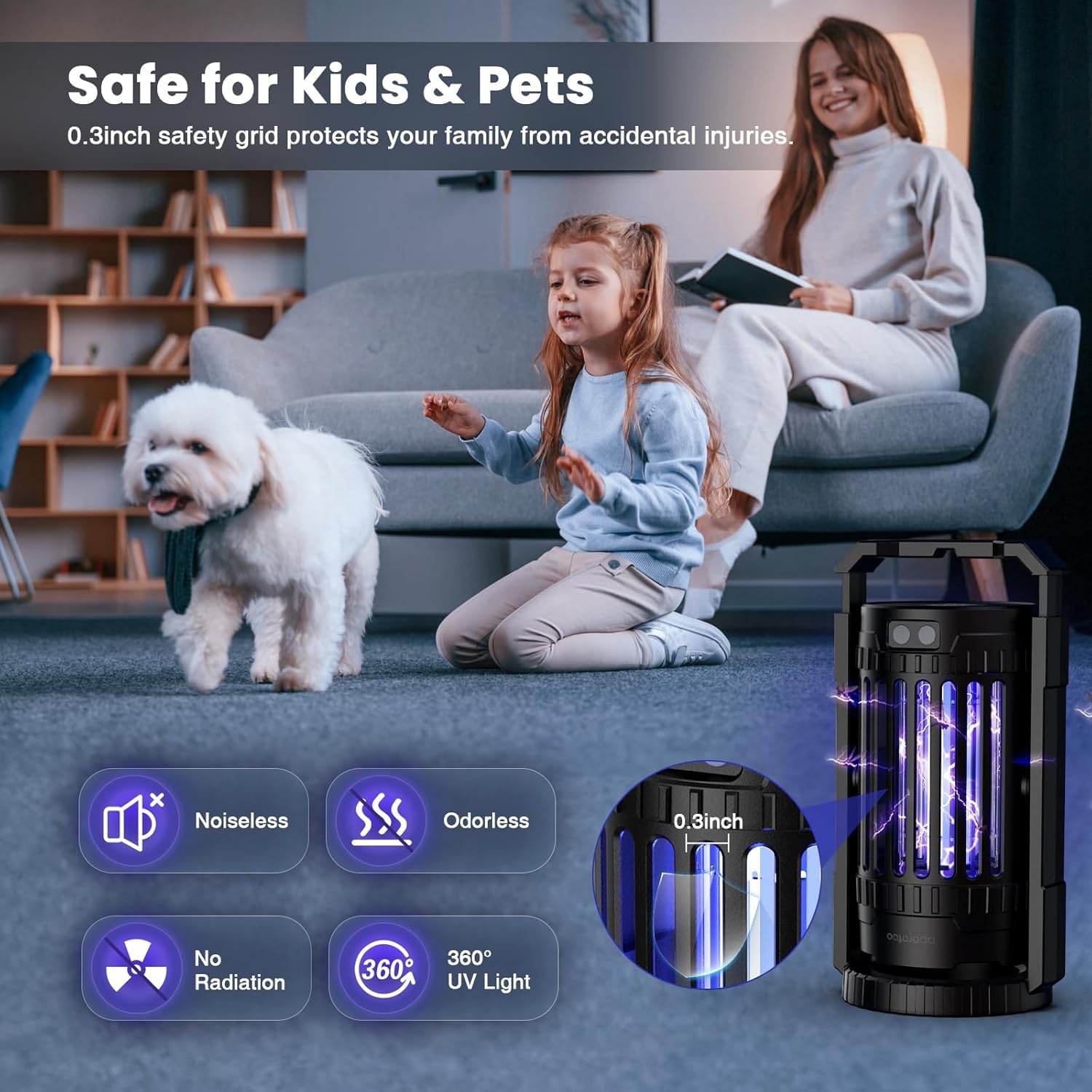 Destructeur d'insectes électrique - 4200 V - UV - Piège à moustiques avec lumière LED - Piège à Mouches - 4000 mAh - Rechargeable par USB - Piège à Insectes - Efficace 100-130 m² (Noir)