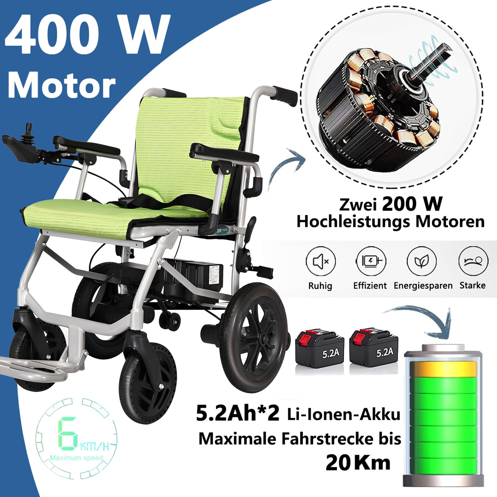 AMITD Elektrischer Rollstuhl Faltbar Leicht Luftfahrt-Zertifizierung, Elektrorollstuhl - 15 kg 20 km 400 W bis 120 kg, mit Doppelsteuerung 2 Li‑Akkus Intelligente Bremse, für Indoor & Outdoor Reise