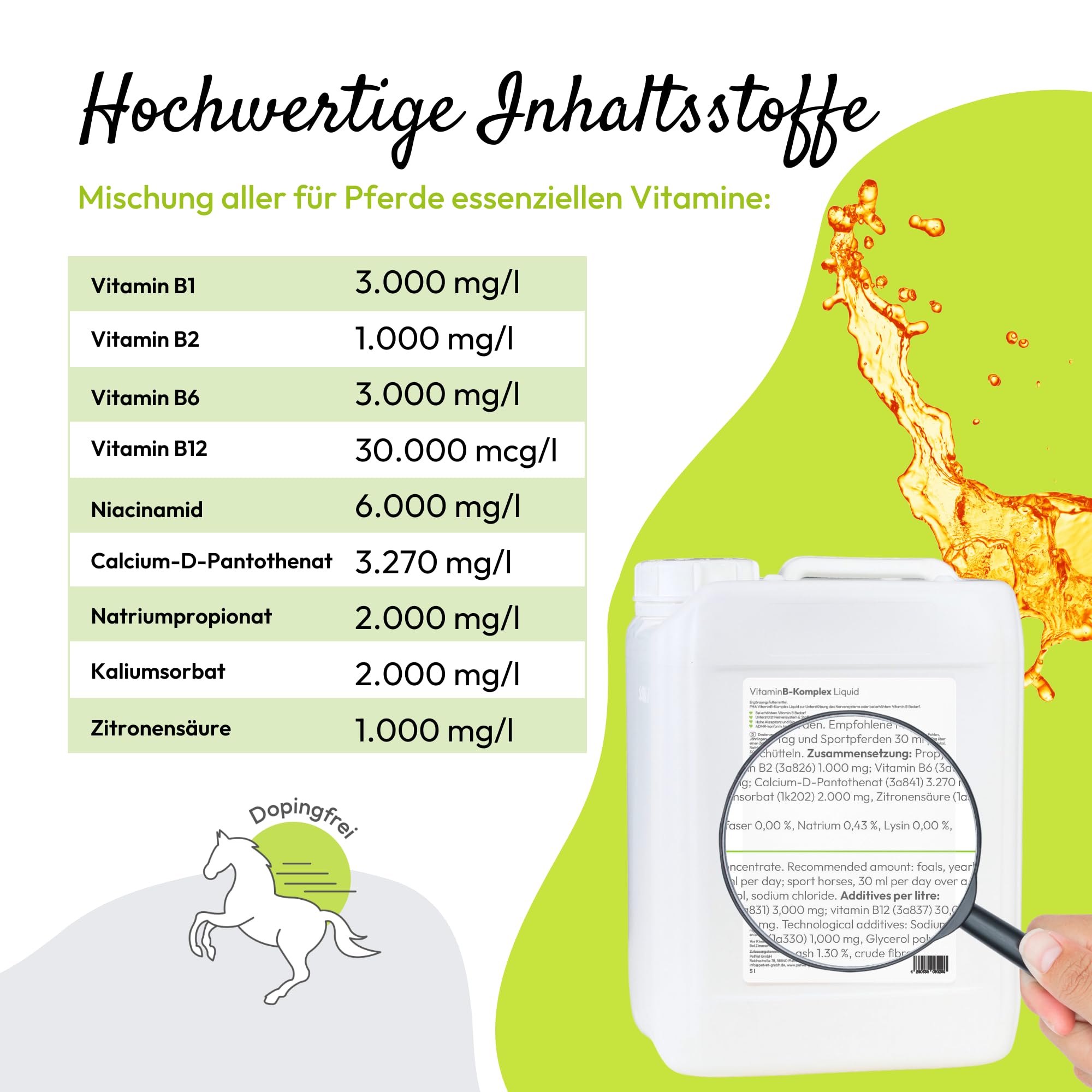 PHA Vitamina B complesso cavallo: supporta nervi, zoccoli, pelo e metabolismo, liquido anti-stress per cavalli, per lenire, vitamine B 5 l