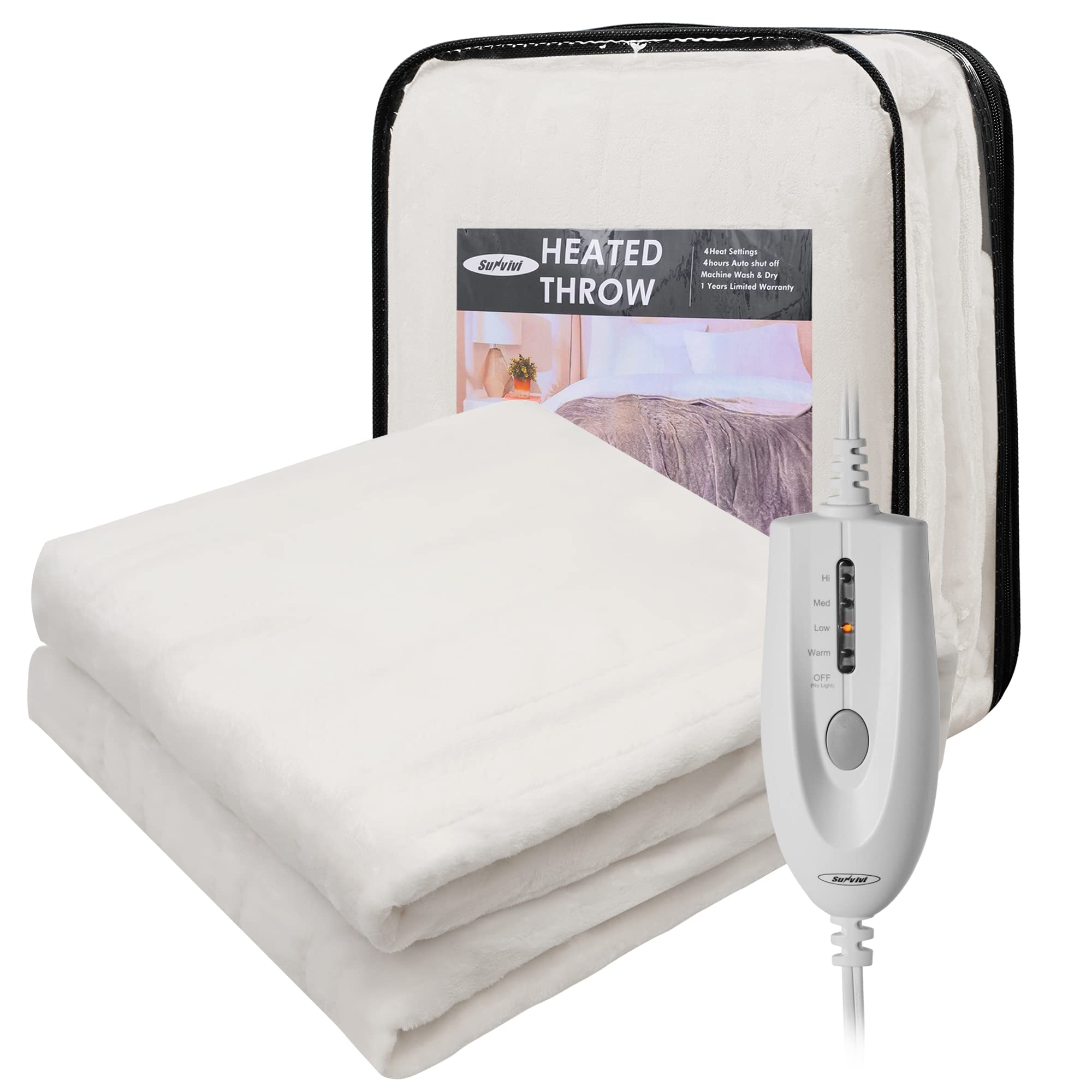 Amazon.com: Sunvivi Heated Throw, Electric Blanket Throw 50 x 60,  Double-Layer Flannel with 4 Heating Settings, 4 Hours Auto Off, 5 Years  Warranty, ETL Certified, Machine Washable, Cream : לבית ולמטבח