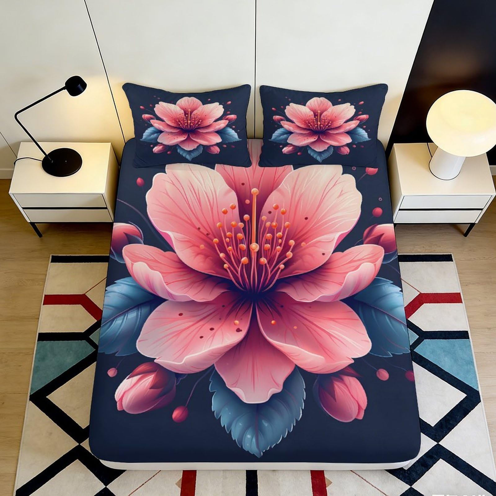 Jqzkxnhpbr Style-10 3D Printed Pink Blossom Fitted Sheet Microfiber Soft Non-Slip Mattress Cover For Bedroom Guestroom Decor Dustproof 90X200x25cm
