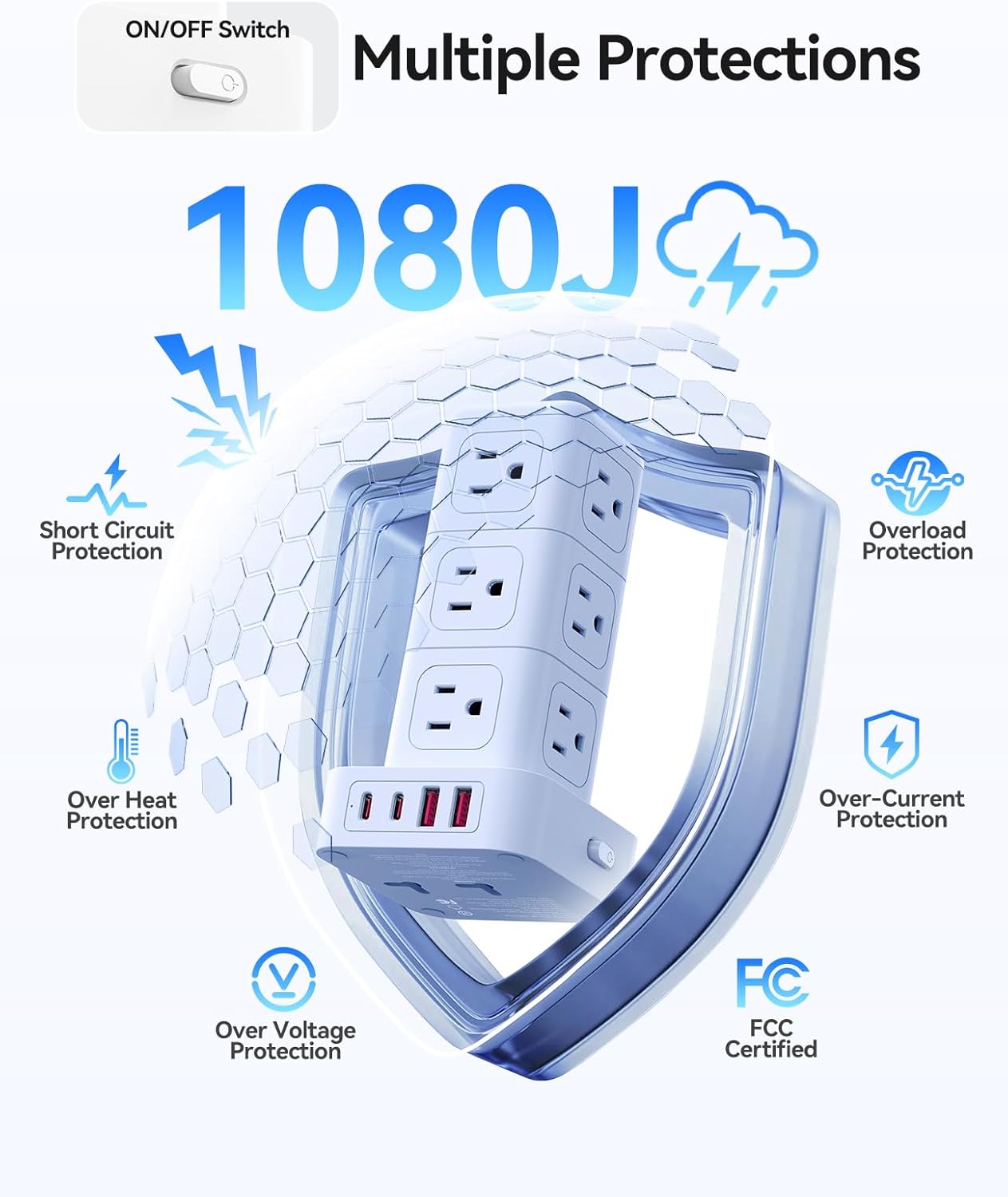 ORICO Power Strip Tower with Multiple Outlets, Tower Extension Cord with 12 AC Outlets 4 USB Ports (2 USB C), Space Saving Design, 5FT Cord Power Tower for Home, Office, Dorm - TPP20