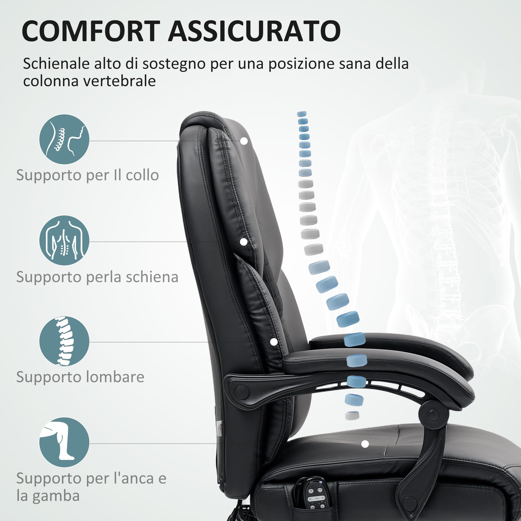 HOMCOM Sedia da Ufficio Poltrona con Massaggio Riscaldata Reclinabile Nero | Poltrona da Ufficio con Poggiapiedi Estraibile, Sedia per Scrivania in Pelle PU con Seduta Girevole