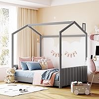 Vista 1 de Cama de terciopelo tamaño matrimonial para niños y niñas, diseño de casa de juegos, plataforma tapizada, base de cama con cabecera de tiras, soporte