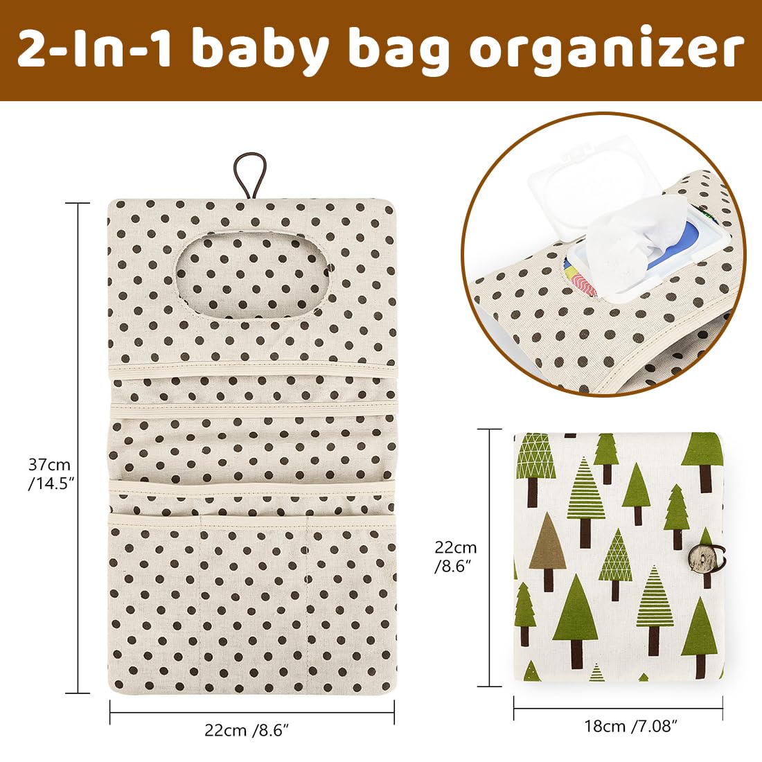 Bolsa de pañales organizador y neceser de cosméticos, 2 en 1, bolsa de pañales pequeña, organizador para bebés (Leaves)