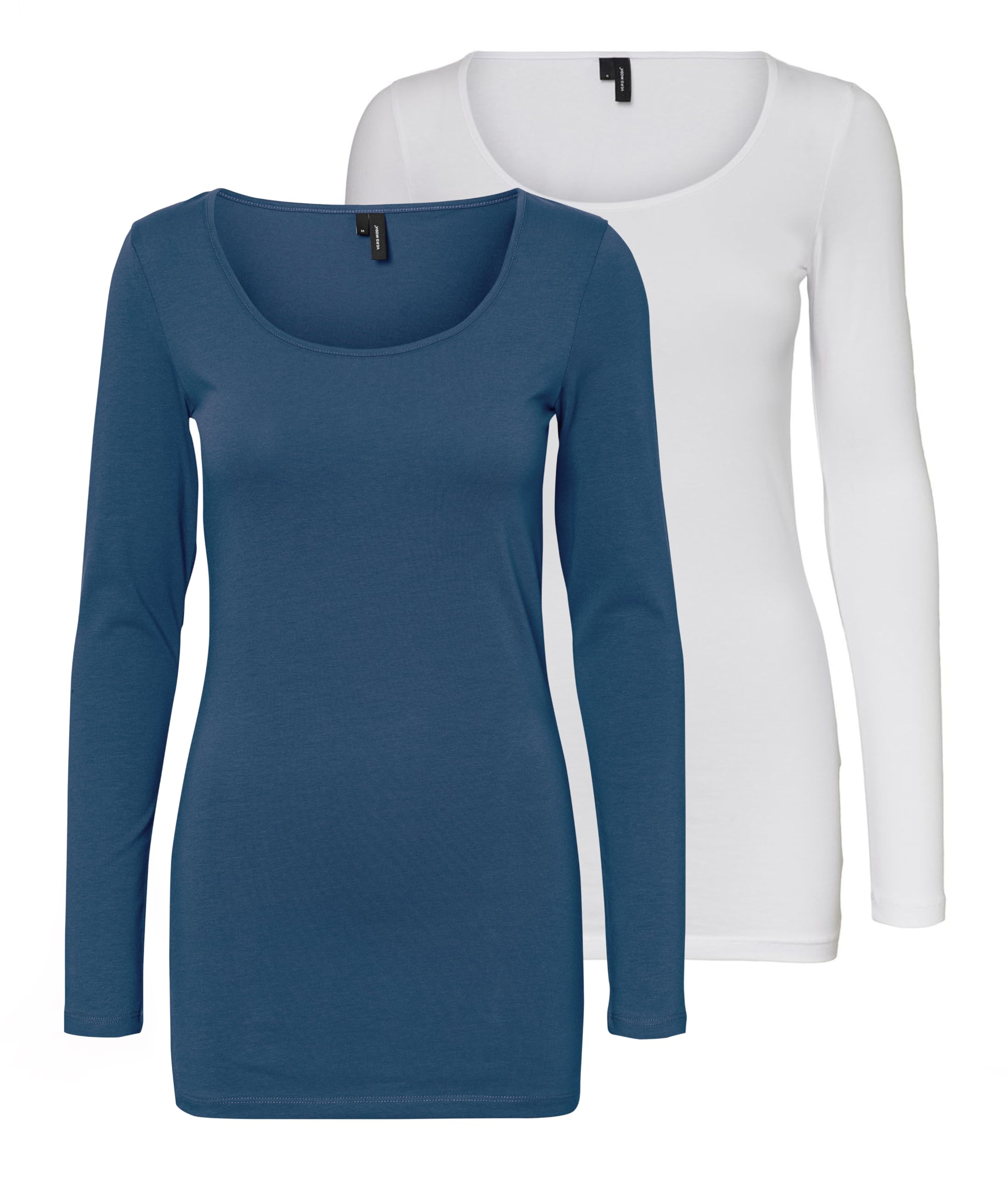 VERO MODA Women's Long-Sleeved Shirt (Pack of 2), Blue/White (1x Insignia Blue/1x Bright White), M