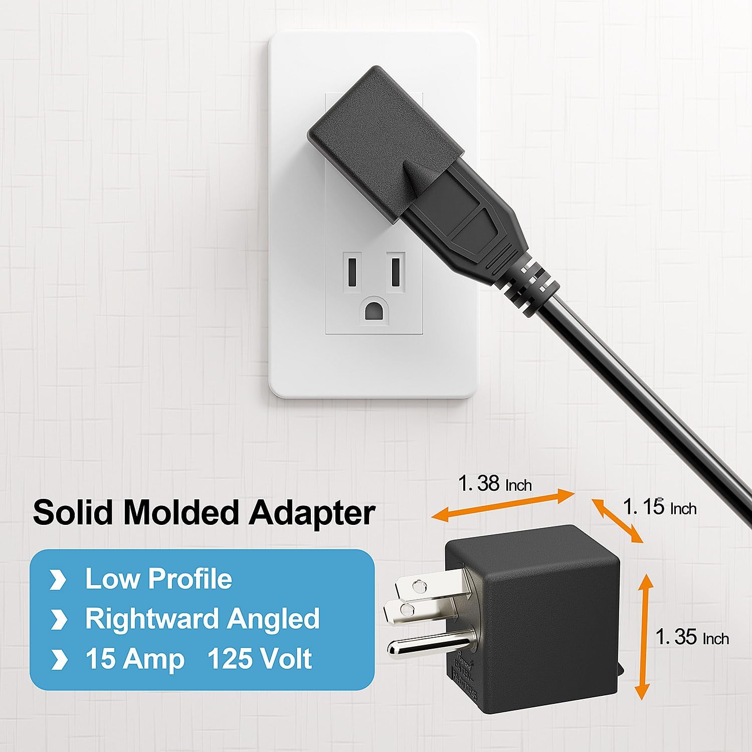 90 Degree NEMA 5-15P to 5-15R Adapter, Plugrand Right Angle USA 3-Prong Male to Female Adapter, 90 Degree Angled 3Prong Power Plug, 5-15P Space Save Converter Black PA-0170R45
