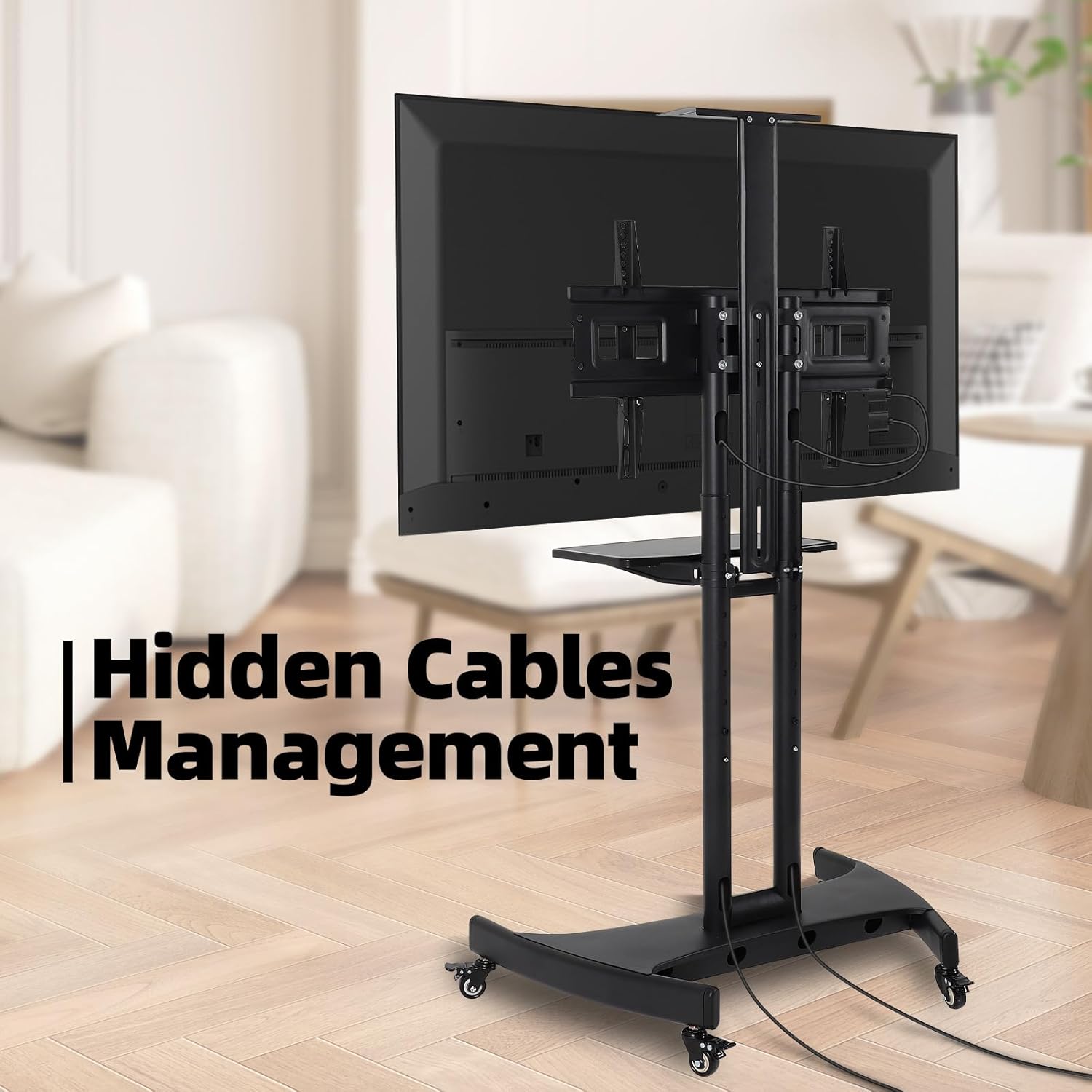 FAHKNS Mobile TV Stand, Mobile TV Cart with Wheels for 32-75 Inch LED/LCD Flat/Curved Screen TVs up to 132 lbs, Height Adjustable Portable Rolling TV Stand on Wheels, Black