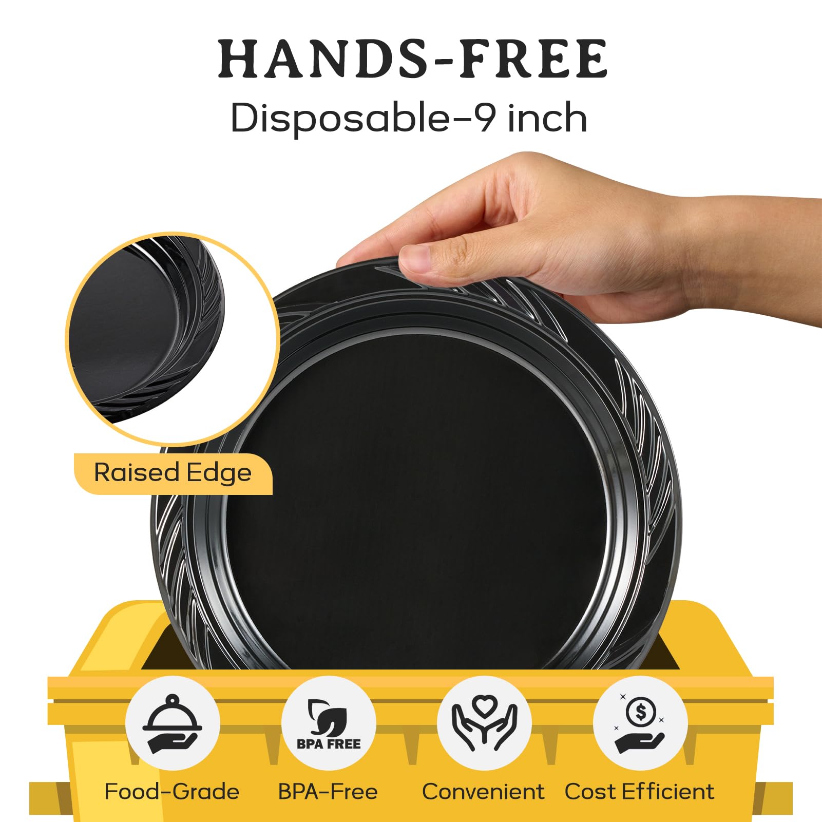 JOLLY CHEF 120 Count Disposable Plastic Plates 9 inch, Black Round Dinner Plates Ideal for Party, Dinner, Holiday or Wedding