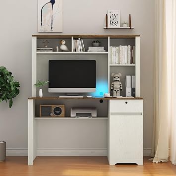 Farmhouse Executive Desk with Hutch & Bookshelf, Home Office Computer Desk with Drawer, Shelves, Door, Rustic Student Writing Laptop Table, 50.19W x 22.63D x 59.44H, White+Wood