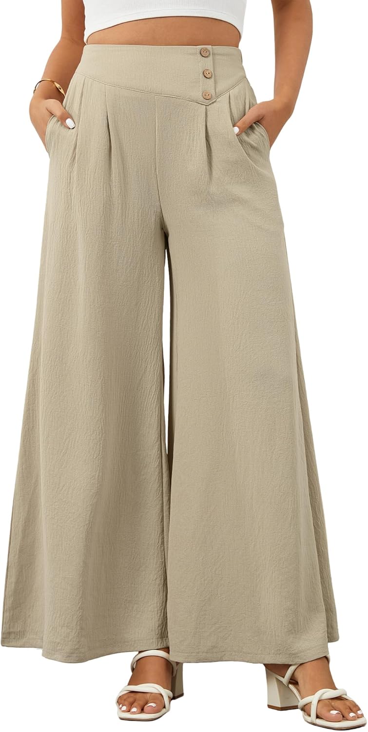 Bsubseach Wide Leg Pants Woman Flowy Palazzo Pants High Waisted Elastic Casual Trousers Beach Vacation Outfits