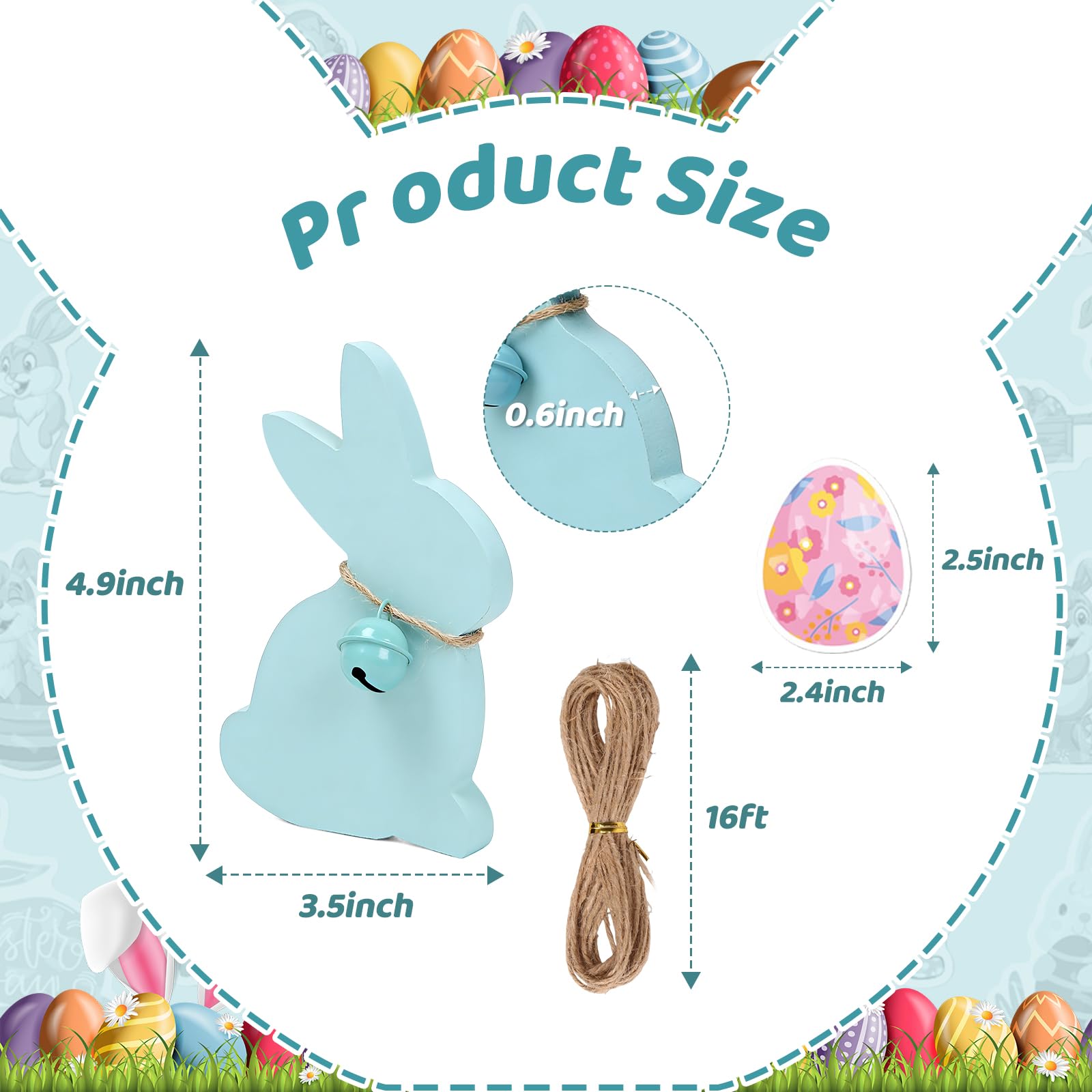 Condition photo showing New/Like New for 5 pcs easter decorations bunny decor wooden with 50 pcs eggs & bunny stickers, sign tabletop rabbit decor with jute rope & bell, spring signs for home, mantal décor for farmhouse supplies