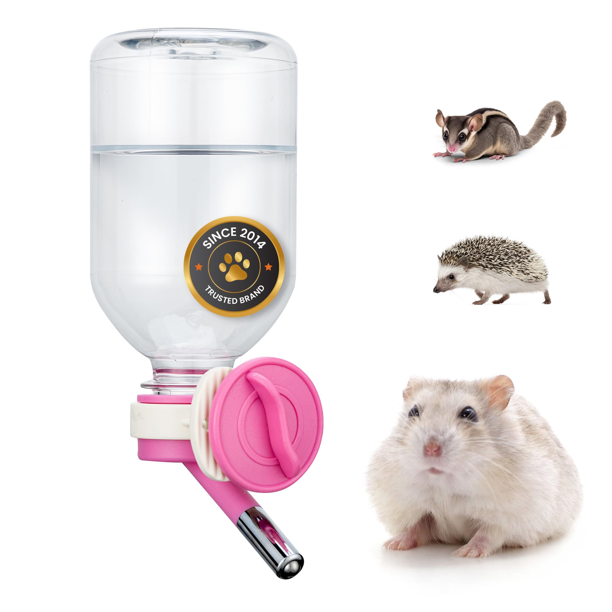 Patented Mini No-Drip Water Bottle/Feeder for Hamsters/Hedgehogs/Gliders/Rats/Mice/Other Small Pets and Animals - for Cages, Crates or Wall Mount. 10.2oz. Nozzle 10mm, Pink (C125)