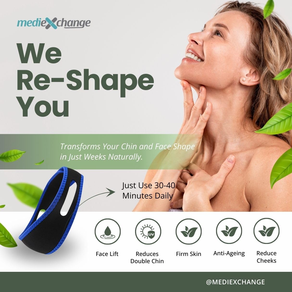 Mediexchange Weeshape Reusable Face Lifting Strap for Women & Men | Fabric Facial Contouring Band | Double Chin Reducer & V-Line Lifting Belt | Soft, Adjustable Face Shaping Strap (1 Pack)