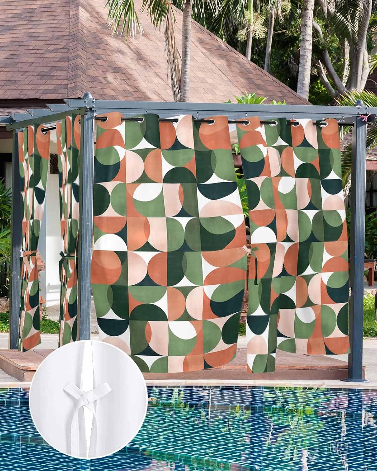 Indoor Outdoor Curtains for Patio Retro Middle Ages Abstract Geometic Green Outside Curtains Waterproof Grommet Privacy Drapes Light Filter Curtain for Porch Pergola Gazebo 52"Wx108"L 2 Panels