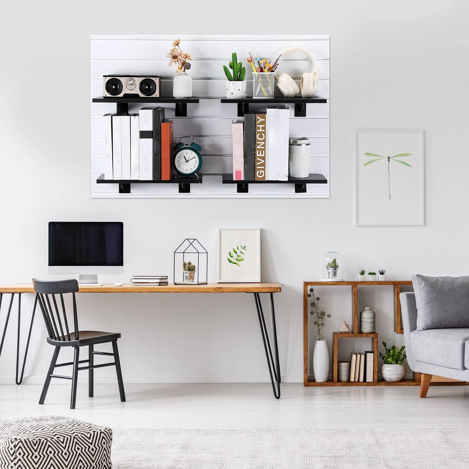 4 Pack Wooden Slatwall Shelf Set 15.7 × 5.9 Inch Black Slatwall Shelves with Metal Brackets Wall Mount Slatwall Shelf Bracket Wall Organizer Slatwall Accessories for Garage Home Retail