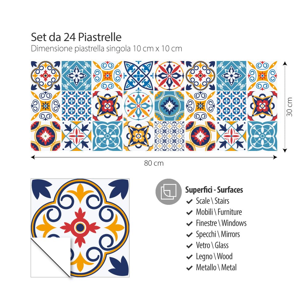 RE-COVERTILES - Adesivi per Piastrelle Bagno e Cucina 24 Pz 10x10 cm - PS00191 Decorazione murale in PVC Impermeabile mattonelle Mosaico Stile cementine Azulejos